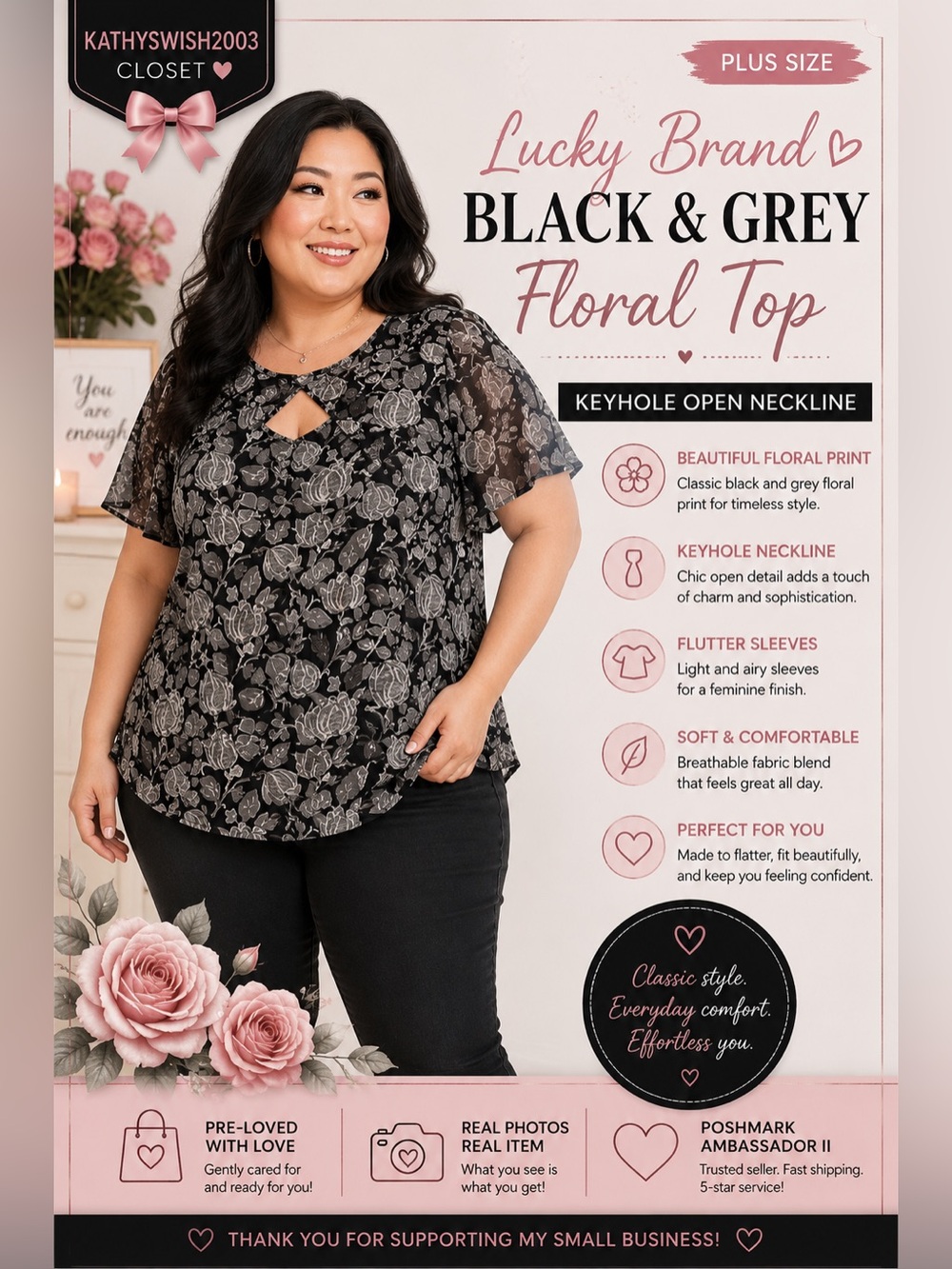 Lucky Brand Plus SizeTop Black and Grey Floral Short Sleeve Keyhole Open…